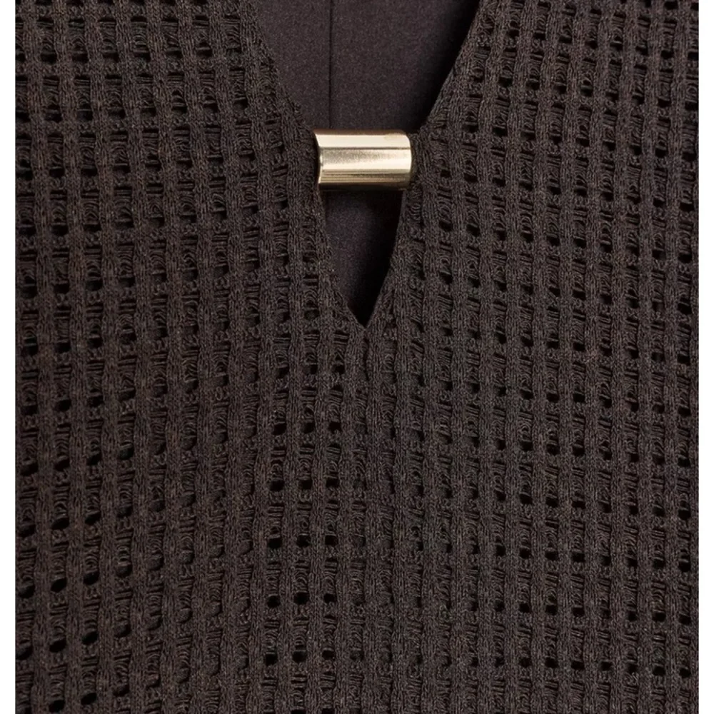 Zara NWT black open weave V-neck midi dress long sleeve gold accents size XS - Picture 9 of 15